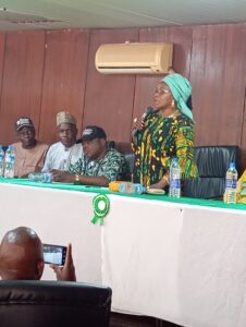 The Zonal Director, North Central Zone of the National Orientation Agency, Dr Priscilla Gondo-Aluor addressing members of staff upon resumption as the zonal director