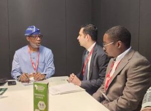 Minister of Solid Minerals Development, Dr Dele Alake, (right) discussing with the Principal Specialist, UN Sustainable Energy for All, Mr Divyam Nagpal (middle)and Chief Executive Officer, Core International, Mr.Suleiman Zakari at the meeting in Cape Town, South Africa