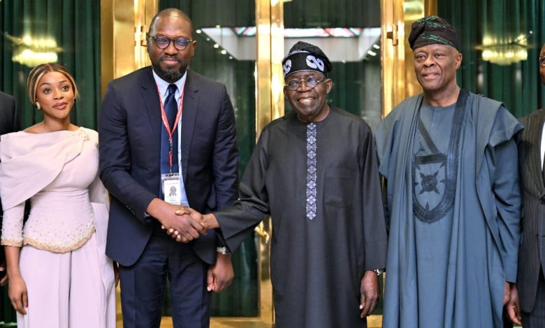 President Bola Tinubu, Mr Wale Edun, Minister of Finance and Coordinating Minister of the Economy, Mr Olugbenga Agoola, Chief Executive Officer, Flutterwave, and Miss Olu Olufemi-White, CEO Alami Capital, at the Presidential Villa Abuja on Saturday